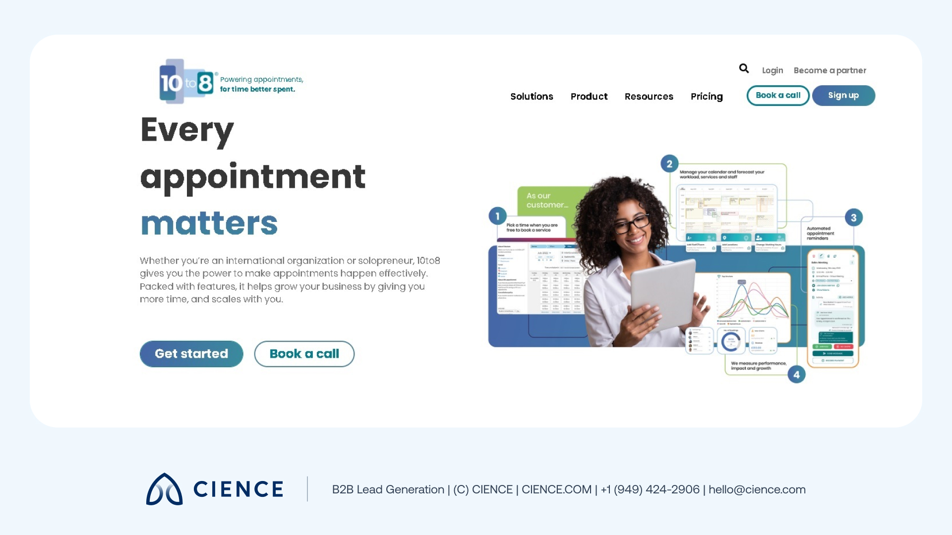 10to8 appointment scheduling software showing 100+ customizable features, automated email and SMS reminders, and scalable booking management